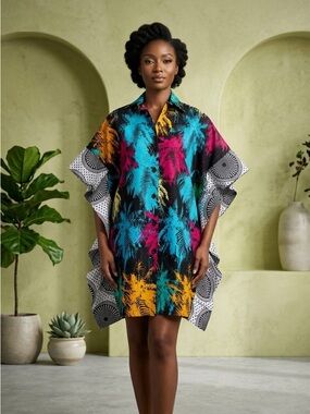 Vibrant Multicolor Button-Up African Kaftan dress